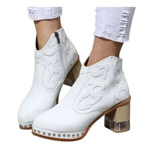 Boots White Country Western Cowboy Silver Studded Chunky Heel Ankle Booties